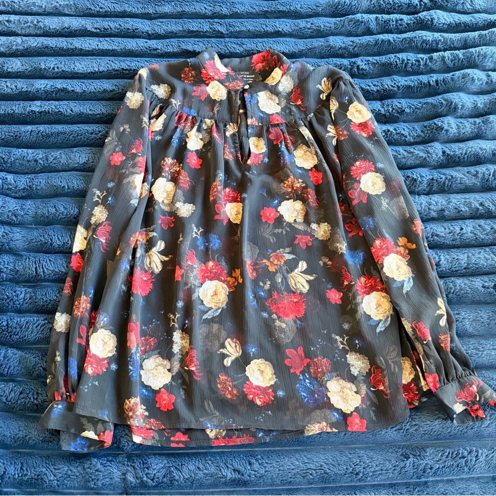 Lucky Brand Sheer Floral Peasant Blouse Charcoal Red Long Sleeve Size Small